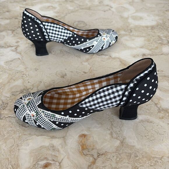 NWOT RUBY SHOO Paula - Black White Floral/Polka Dot/Gingham Heels Adorable - Picture 6 of 13